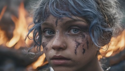 1girl,solo,looking at viewer,short hair,blue eyes,closed mouth,blue hair,blurry,lips,grey eyes,eyelashes,depth of field,blurry background,facial mark,portrait,close-up,freckles,realistic,nose,facepaint,dirty,bangs,fire,messy hair,burning