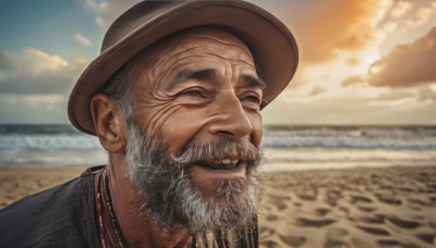 solo,shirt,1boy,hat,jewelry,grey hair,male focus,outdoors,sky,day,cloud,necklace,blurry,blurry background,facial hair,ocean,beach,cloudy sky,portrait,beard,realistic,mustache,sand,brown headwear,manly,old,old man,cowboy hat,desert,looking at viewer,smile,open mouth,water,grey eyes,black shirt,meme,horizon,wrinkled skin