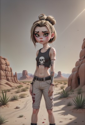 1girl,solo,breasts,looking at viewer,blush,short hair,blonde hair,brown hair,navel,bare shoulders,brown eyes,jewelry,closed mouth,standing,collarbone,yellow eyes,earrings,small breasts,boots,outdoors,shorts,day,midriff,belt,pants,artist name,hair bun,nail polish,black footwear,bracelet,lips,crop top,blood,tattoo,makeup,sunlight,single hair bun,tank top,grass,aged down,wristband,child,forehead,backlighting,freckles,cuffs,skull,injury,rock,bandaid on face,female child,blood on clothes,dirty,black tank top,skull print,shirt,full body,torn clothes,thick eyebrows,lipstick,bandaid,eyeshadow,blood on face,nose,red lips,arm tattoo,shoulder tattoo,updo,dirty face,skull earrings