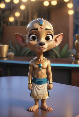 solo,looking at viewer,smile,1boy,navel,animal ears,brown eyes,jewelry,closed mouth,nipples,standing,full body,male focus,earrings,barefoot,pointy ears,artist name,indoors,necklace,blurry,bracelet,tattoo,blurry background,piercing,table,pectorals,child,furry,clenched hands,topless male,circlet,furry male,male child,loincloth,1girl,depth of field,colored skin,aged down,plant,black nails,armlet,furry female,potted plant,bald,forehead jewel,animal nose,vase,egyptian clothes