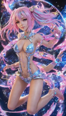 1girl,solo,long hair,breasts,looking at viewer,smile,bangs,blue eyes,large breasts,hair ornament,navel,cleavage,hair between eyes,bare shoulders,twintails,jewelry,medium breasts,swimsuit,full body,pink hair,parted lips,barefoot,nail polish,bracelet,feet,lips,bare legs,kneeling,toes,revealing clothes,armlet,realistic,center opening,anklet,gloves,closed mouth,multicolored hair,choker,stomach,watermark,web address