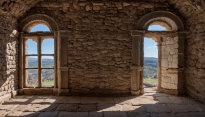 outdoors,sky,day,cloud,water,blue sky,no humans,window,shadow,ocean,building,scenery,stairs,horizon,wall,ruins,pillar,arch,column,indoors,plant,mountain,door,brick wall,landscape,stone wall