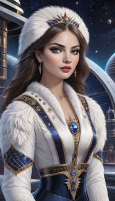 1girl,solo,long hair,breasts,looking at viewer,brown hair,long sleeves,hat,dress,cleavage,brown eyes,jewelry,medium breasts,collarbone,upper body,earrings,parted lips,sky,lips,fur trim,makeup,night,blue dress,moon,tiara,crown,lipstick,gem,star (sky),night sky,eyeshadow,starry sky,gold trim,nose,red lips,space,planet,fur hat,blue gemstone,artist name,white dress,realistic