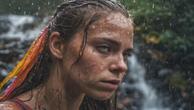 1girl, solo, long hair, black hair, dark skin, blurry, lips, wet, blurry background, portrait, rain, realistic, nose, wet hair