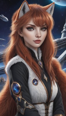 1girl,solo,long hair,breasts,looking at viewer,brown hair,animal ears,brown eyes,jewelry,upper body,earrings,sky,orange hair,lips,fur trim,fox ears,makeup,brooch,gem,star (sky),starry sky,realistic,nose,red lips,space,planet,spacecraft,bangs,closed mouth,tail,artist name,eyelashes,night,fox tail,moon,wolf ears,lipstick,fox girl