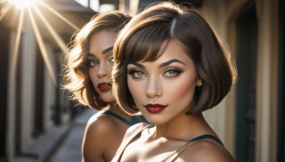 looking at viewer,smile,short hair,bangs,multiple girls,brown hair,2girls,bare shoulders,brown eyes,jewelry,closed mouth,upper body,earrings,dark skin,blurry,dark-skinned female,lips,eyelashes,makeup,blurry background,sunlight,thick eyebrows,lipstick,realistic,nose,red lips,blonde hair,parted lips,artist name,portrait,light rays,light