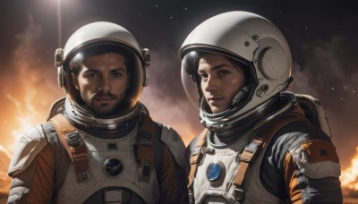 looking at viewer,brown hair,black hair,brown eyes,upper body,male focus,multiple boys,sky,2boys,armor,facial hair,helmet,fire,star (sky),beard,science fiction,realistic,mustache,pilot suit,space,animification,spacesuit,pilot,astronaut,1girl,1boy,closed mouth,black eyes,backpack,serious,planet,american flag,space helmet