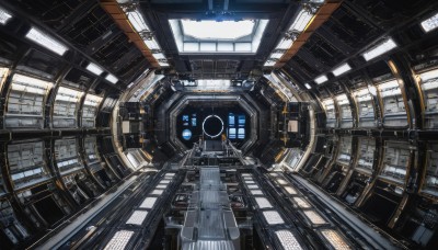 indoors,no humans,window,sunlight,scenery,science fiction,cable,ceiling,train station,machinery,realistic,logo,planet,spacecraft