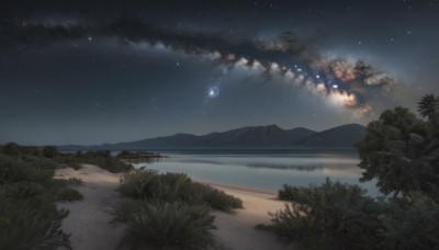 outdoors,sky,cloud,water,tree,no humans,night,beach,moon,grass,plant,star (sky),nature,night sky,scenery,forest,starry sky,reflection,mountain,horizon,bush,landscape,lake,shore,star (symbol),ocean,sand