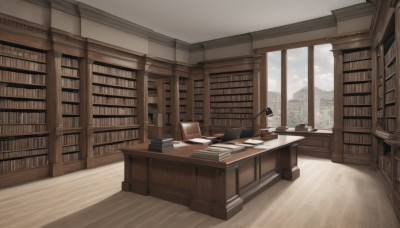 sky,day,cloud,indoors,book,no humans,window,chair,table,cloudy sky,curtains,scenery,desk,wooden floor,bookshelf,lamp,shelf,book stack,library,cup,paper,mountain,landscape