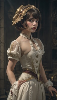 1girl,solo,breasts,looking at viewer,short hair,bangs,blue eyes,brown hair,black hair,hair ornament,dress,holding,brown eyes,jewelry,closed mouth,standing,weapon,short sleeves,cowboy shot,small breasts,puffy sleeves,sword,indoors,holding weapon,white dress,blurry,puffy short sleeves,lips,hand on hip,wrist cuffs,blurry background,realistic,red lips,cleavage,earrings,parted lips,detached sleeves,nail polish,from side,fingernails,black background,red nails,gold trim,nose