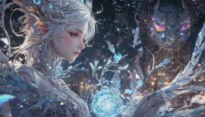 1girl,solo,breasts,short hair,blue eyes,hair ornament,jewelry,closed mouth,upper body,white hair,earrings,wings,horns,pointy ears,blurry,from side,lips,eyelashes,profile,depth of field,blurry background,glowing,elf,gem,ice,crystal,fantasy,dragon,long hair,looking at viewer,blush,bangs,bare shoulders,artist name,water,armor,grey eyes,nose,magic,scales,orb