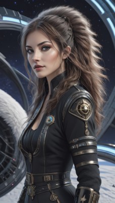 1girl,solo,long hair,breasts,looking at viewer,brown hair,brown eyes,medium breasts,upper body,ponytail,parted lips,belt,from side,lips,grey eyes,bodysuit,makeup,lipstick,star (sky),zipper,realistic,nose,red lips,space,leather,planet,cleavage,jewelry,jacket,artist name,earth (planet)