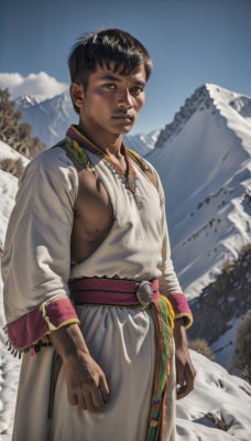 solo,looking at viewer,short hair,black hair,long sleeves,1boy,brown eyes,jewelry,closed mouth,nipples,standing,male focus,cowboy shot,outdoors,sky,day,dark skin,necklace,blurry,black eyes,tree,blue sky,lips,sash,blurry background,dark-skinned male,snow,robe,mountain,realistic,arms at sides,dirty,pine tree,parted lips,pectorals,very short hair,dirty clothes