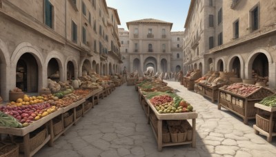 outdoors,food,sky,day,blue sky,no humans,window,fruit,building,scenery,stairs,city,fantasy,apple,road,house,bread,street,meat,vegetable,town,barrel,pavement,cart,cloud,bag,table,door,basket,cityscape,architecture,pillar,orange (fruit),food focus,path,arch,crate