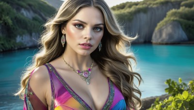 HQ,1girl,solo,long hair,breasts,looking at viewer,blonde hair,large breasts,brown hair,cleavage,brown eyes,jewelry,collarbone,upper body,earrings,outdoors,parted lips,day,water,necklace,blurry,lips,makeup,wavy hair,plant,nature,curly hair,rock,realistic,nose,river,lake,dress,bare shoulders,blurry background,sunlight,gem