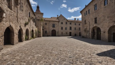 outdoors,sky,day,cloud,tree,blue sky,no humans,window,shadow,cloudy sky,building,scenery,road,wall,house,street,arch,pavement,door,architecture,pillar,path,church,stone floor,stone wall