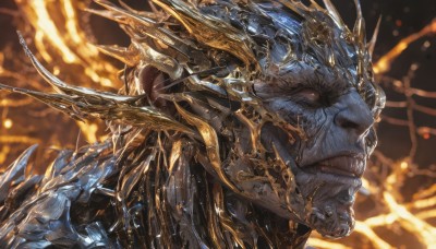 solo,blue eyes,1boy,upper body,male focus,horns,teeth,armor,blurry,from side,no humans,profile,glowing,colored skin,clenched teeth,portrait,spikes,science fiction,monster,blue skin,wings,robot,close-up,realistic