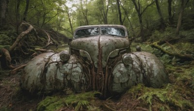 outdoors,day,tree,no humans,blood,leaf,grass,ground vehicle,nature,scenery,motor vehicle,forest,car,road,ruins,vehicle focus,moss,overgrown,sunlight,realistic,damaged,broken glass