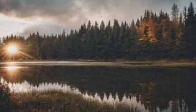 outdoors,sky,day,cloud,water,tree,no humans,sunlight,cloudy sky,grass,nature,scenery,forest,reflection,light rays,mountain,sun,river,landscape,pine tree,sunset,field,lake