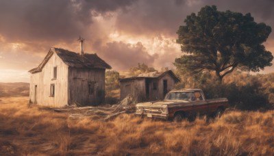 outdoors,sky,cloud,water,tree,no humans,window,cloudy sky,grass,ground vehicle,building,nature,scenery,motor vehicle,car,road,house,vehicle focus,truck,sunset,field,ruins,sepia,landscape