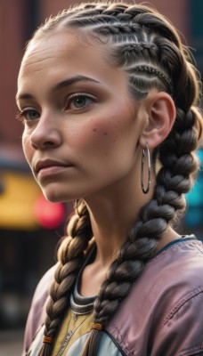 1girl,solo,long hair,shirt,black hair,jewelry,closed mouth,upper body,braid,earrings,necklace,blurry,twin braids,lips,grey eyes,depth of field,blurry background,hair over shoulder,forehead,freckles,hoop earrings,realistic,nose,multiple braids,hair ornament,green eyes,hairclip,artist name,eyelashes,looking away,piercing,portrait