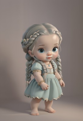 1girl,solo,long hair,looking at viewer,blue eyes,simple background,dress,jewelry,closed mouth,standing,full body,braid,short sleeves,grey hair,barefoot,necklace,twin braids,flat chest,bracelet,blue dress,aged down,child,forehead,brown background,female child,multiple braids,chibi,lips,realistic