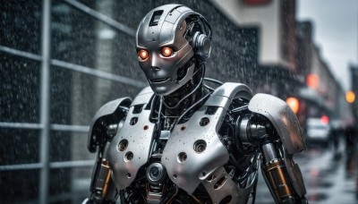 solo,red eyes,1boy,upper body,male focus,armor,blurry,orange eyes,blurry background,glowing,helmet,robot,building,mecha,glowing eyes,science fiction,rain,city,realistic,android,cable,cyborg,power armor,cyberpunk,humanoid robot,outdoors,lips,depth of field,joints,robot joints,lights