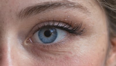 1girl,solo,looking at viewer,blue eyes,brown hair,blurry,eyelashes,depth of field,close-up,reflection,realistic,eye focus,bangs,black hair,1boy,male focus,sweat,portrait