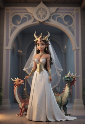 1girl,solo,long hair,breasts,looking at viewer,smile,brown hair,dress,holding,cleavage,bare shoulders,brown eyes,jewelry,medium breasts,standing,full body,earrings,horns,pointy ears,dark skin,necklace,white dress,blurry,dark-skinned female,lips,strapless,tiara,crown,veil,strapless dress,armlet,wedding dress,leash,dragon,long dress,bridal veil,bracer,black hair,small breasts,indoors,bracelet,tiles,forehead jewel,eastern dragon