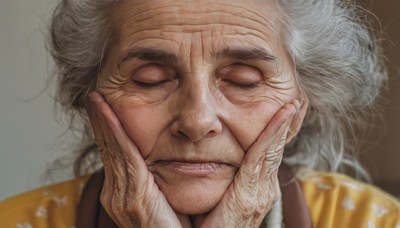 1girl,solo,simple background,1boy,closed mouth,closed eyes,white hair,grey hair,male focus,grey background,blurry,lips,eyelashes,thick eyebrows,portrait,facing viewer,realistic,nose,old,old man,hands on another's face,old woman,wrinkled skin,long hair,scar,parody,close-up,hands on own face