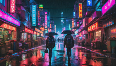 multiple girls, holding, outdoors, bag, night, umbrella, building, scenery, reflection, walking, rain, holding umbrella, city, sign, road, power lines, street, neon lights