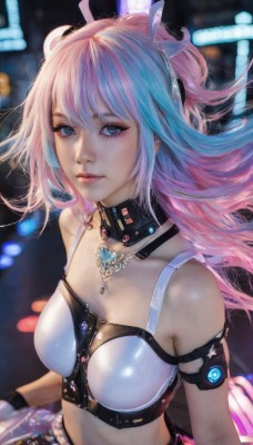 1girl,solo,long hair,breasts,looking at viewer,bangs,blue eyes,gloves,navel,bare shoulders,jewelry,medium breasts,closed mouth,blue hair,collarbone,upper body,pink hair,multicolored hair,small breasts,choker,black gloves,midriff,necklace,blurry,two-tone hair,lips,crop top,makeup,floating hair,blurry background,realistic,nose,hair ornament,cleavage,shiny,eyelashes,detached collar,arm strap