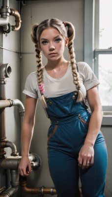 1girl,solo,long hair,breasts,looking at viewer,blue eyes,blonde hair,brown hair,shirt,hair ornament,twintails,standing,white shirt,braid,short sleeves,cowboy shot,parted lips,indoors,twin braids,lips,window,denim,t-shirt,hair over shoulder,freckles,realistic,nose,overalls,blue overalls,medium breasts,multicolored hair,blurry background,forehead,dirty,dirty face