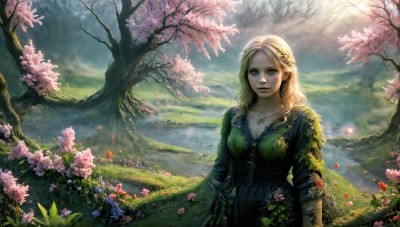 HQ,1girl,solo,long hair,breasts,looking at viewer,blue eyes,blonde hair,hair ornament,long sleeves,dress,cleavage,jewelry,medium breasts,flower,outdoors,parted lips,sky,day,cloud,signature,water,necklace,tree,lips,petals,wavy hair,sunlight,grass,plant,cherry blossoms,nature,scenery,pink flower,forest,green dress,light rays,mountain,realistic,nose,fantasy,field,sunbeam,landscape,lake,leaf