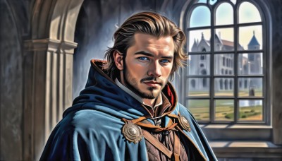 solo,looking at viewer,blue eyes,brown hair,1boy,closed mouth,upper body,male focus,indoors,cape,armor,window,facial hair,scar,beard,mustache,manly,blue cape,church,blonde hair,portrait,realistic