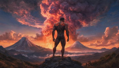 solo, short hair, black hair, 1boy, standing, ass, male focus, nude, outdoors, sky, cloud, from behind, completely nude, tattoo, muscular, back, cloudy sky, muscular male, scenery, bara, sunset, mountain, mountainous horizon, back tattoo