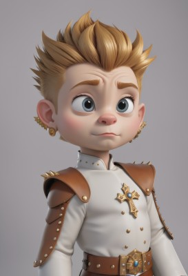 solo,looking at viewer,smile,short hair,blue eyes,blonde hair,simple background,long sleeves,1boy,jewelry,closed mouth,upper body,male focus,earrings,belt,grey background,armor,black eyes,grey eyes,buttons,piercing,spiked hair,shoulder armor,ear piercing,child,brown belt,male child,artist name,necklace,cross,shoulder pads