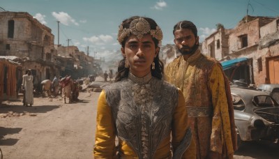 1girl,long hair,looking at viewer,black hair,long sleeves,1boy,jewelry,earrings,outdoors,multiple boys,sky,day,cloud,signature,dark skin,2boys,blue sky,shadow,facial hair,chinese clothes,ground vehicle,building,motor vehicle,beard,realistic,mustache,car,road,old,power lines,horse,street,utility pole,brown hair,standing,belt,armor,vest,lips,dark-skinned male,cloudy sky,6+boys,soldier