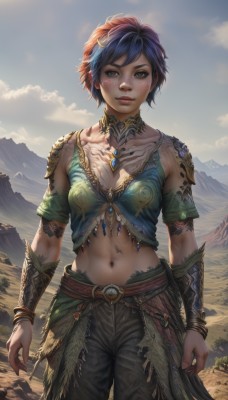 1girl,solo,breasts,looking at viewer,short hair,bangs,shirt,hair ornament,navel,cleavage,brown eyes,jewelry,medium breasts,blue hair,standing,collarbone,short sleeves,multicolored hair,cowboy shot,outdoors,parted lips,sky,choker,day,midriff,belt,pants,artist name,cloud,signature,necklace,stomach,armor,bracelet,lips,crop top,fingernails,tattoo,watermark,black pants,shoulder armor,gem,freckles,toned,mountain,realistic,nose,arms at sides,bracer,arm tattoo,blush,black hair,closed mouth,small breasts,cloudy sky,scenery,backlighting,sunset