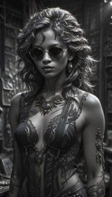 1girl,solo,long hair,breasts,looking at viewer,cleavage,bare shoulders,jewelry,medium breasts,collarbone,monochrome,upper body,greyscale,earrings,parted lips,necklace,blurry,lips,tattoo,makeup,depth of field,blurry background,wavy hair,sunglasses,messy hair,curly hair,hoop earrings,nose,arms at sides,arm tattoo,plunging neckline,aviator sunglasses,dress,closed mouth,closed eyes,artist name,dark skin,dark-skinned female,watermark,piercing,facing viewer,web address,realistic