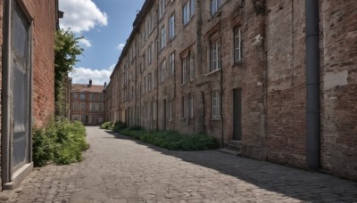 outdoors,sky,day,cloud,tree,blue sky,no humans,window,shadow,cloudy sky,plant,building,scenery,city,door,road,bush,wall,house,lamppost,street,grass,brick wall,pavement