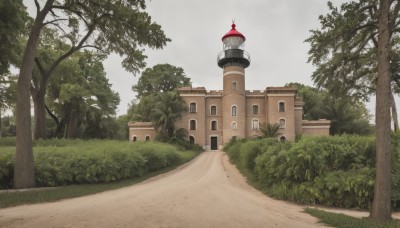 outdoors,sky,day,cloud,tree,no humans,window,cloudy sky,grass,building,nature,scenery,forest,road,bush,house,tower,path,plant,lamppost,church