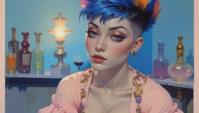 1girl,solo,breasts,looking at viewer,short hair,bangs,blue eyes,dress,cleavage,jewelry,medium breasts,closed mouth,blue hair,collarbone,upper body,multicolored hair,earrings,puffy sleeves,two-tone hair,cup,lips,eyelashes,makeup,blue background,piercing,bottle,lipstick,ear piercing,portrait,pink dress,alcohol,eyeshadow,drinking glass,realistic,nose,glass,eyeliner,wine glass,undercut,wine,wine bottle,mascara,mohawk,blush,parted lips,spiked hair,red lips