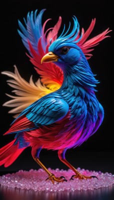 solo,looking at viewer,simple background,closed mouth,standing,full body,wings,black eyes,from side,pokemon (creature),no humans,bird,animal,feathers,black background,realistic,animal focus,talons,beak,spread wings,blue feathers,parrot