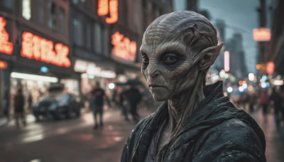 solo, looking at viewer, 1boy, jacket, male focus, outdoors, solo focus, pointy ears, blurry, depth of field, blurry background, colored skin, city, realistic, road, grey skin, street, alien