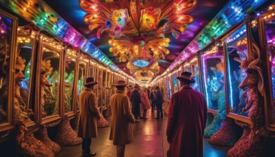 multiple girls,hat,standing,multiple boys,wings,indoors,from behind,cape,coat,formal,suit,6+boys,monster,top hat,dragon,scales,train interior,crowd,stained glass,scenery,walking,statue,painting (object),surreal