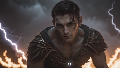 solo,looking at viewer,short hair,bangs,brown hair,black hair,1boy,brown eyes,closed mouth,collarbone,upper body,male focus,sky,cloud,dark skin,armor,scar,facial mark,dark-skinned male,cloudy sky,fire,shoulder armor,scar on face,veins,lightning,torn clothes,muscular,muscular male,pauldrons,serious,realistic,electricity