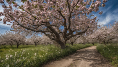 flower, outdoors, sky, day, cloud, tree, blue sky, no humans, grass, cherry blossoms, scenery, aircraft, road, path