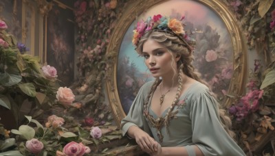 1girl,solo,long hair,breasts,looking at viewer,blonde hair,brown hair,hair ornament,long sleeves,dress,brown eyes,jewelry,sitting,upper body,braid,flower,parted lips,hair flower,necklace,twin braids,lips,eyelashes,rose,leaf,plant,pink flower,pendant,mirror,realistic,nose,head wreath,pink rose,blue eyes,cleavage,very long hair,closed mouth,collarbone,small breasts,artist name,fingernails,makeup,blue dress,ring,purple flower